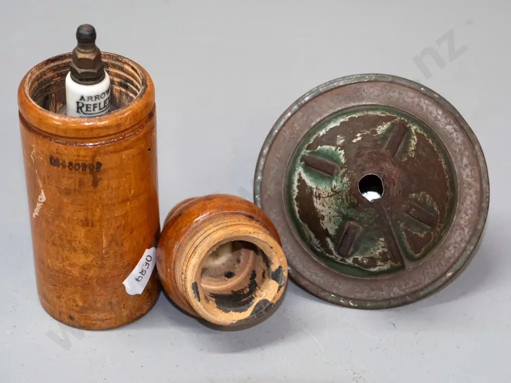 vintage Arrow Reflex spark plug and wooden storage case w/ threaded lid and spring in base, and a Robinson's Seed Sower Image 1++