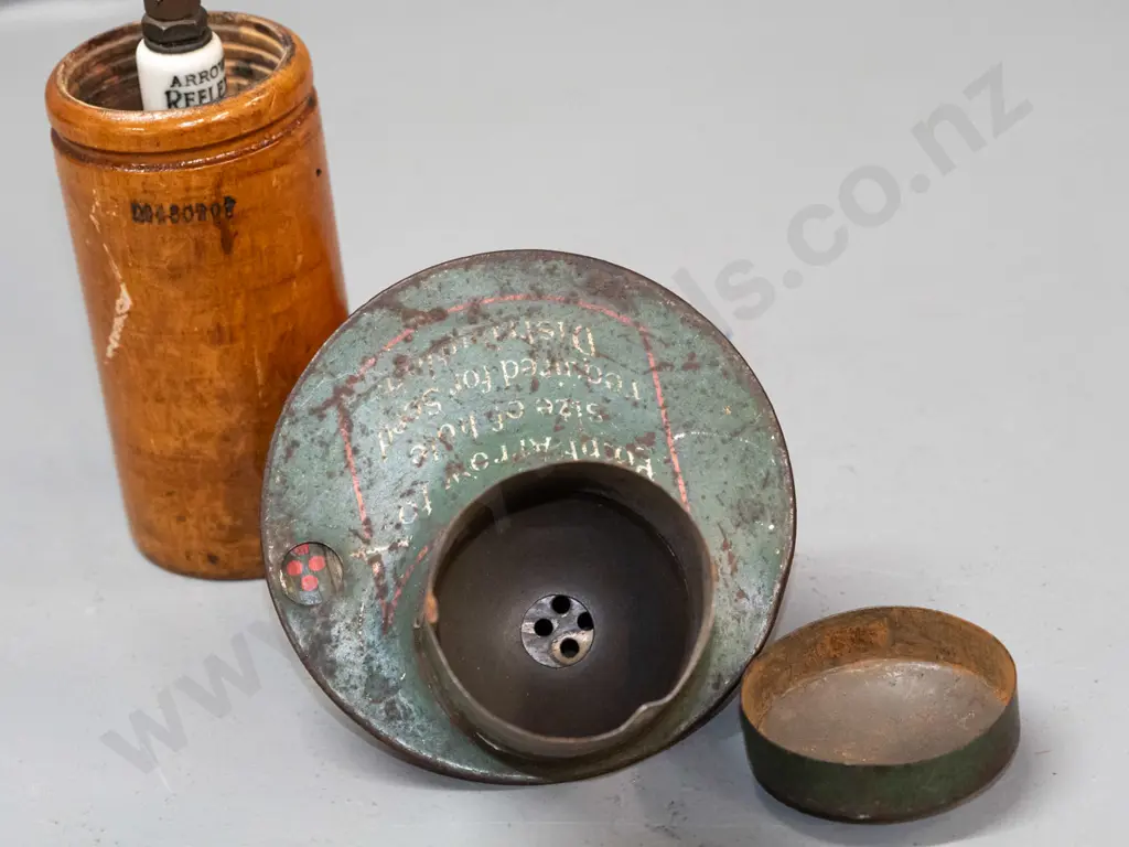 vintage Arrow Reflex spark plug and wooden storage case w/ threaded lid and spring in base, and a Robinson's Seed Sower Image 1++