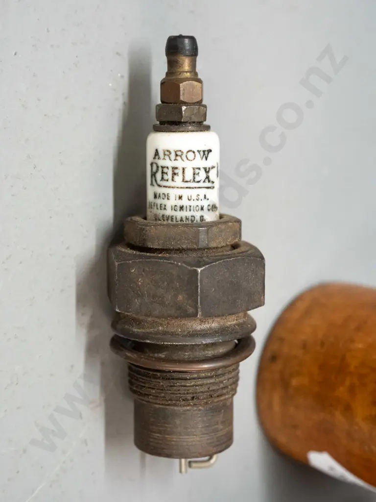 vintage Arrow Reflex spark plug and wooden storage case w/ threaded lid and spring in base, and a Robinson's Seed Sower Image 1++
