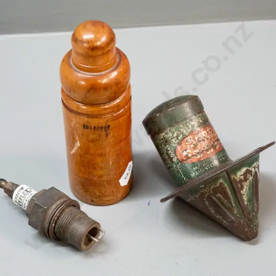 vintage Arrow Reflex spark plug and wooden storage case w/ threaded lid and spring in base, and a Robinson's Seed Sower