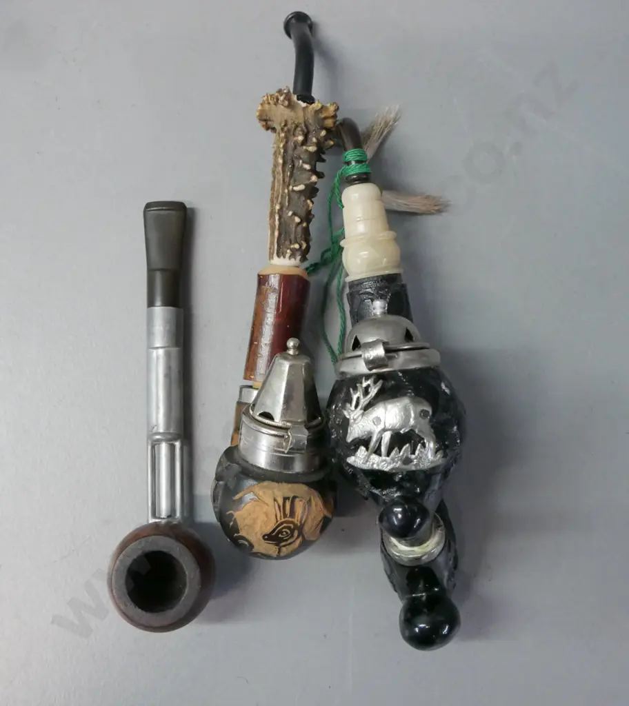 3x smokers pipes: 2x carved wood w/ metal-hinged cap fittings, faux bone & antler inserts etc. & one other. L-200 Image 1++
