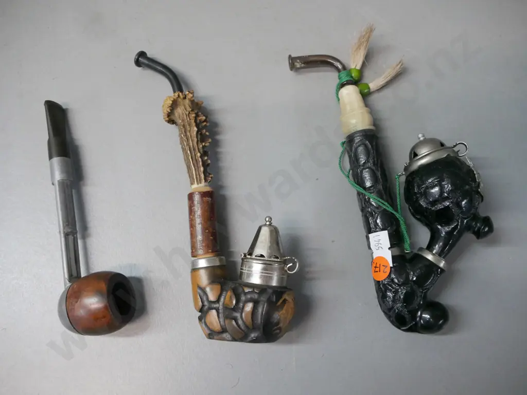 3x smokers pipes: 2x carved wood w/ metal-hinged cap fittings, faux bone & antler inserts etc. & one other. L-200 Image 1++