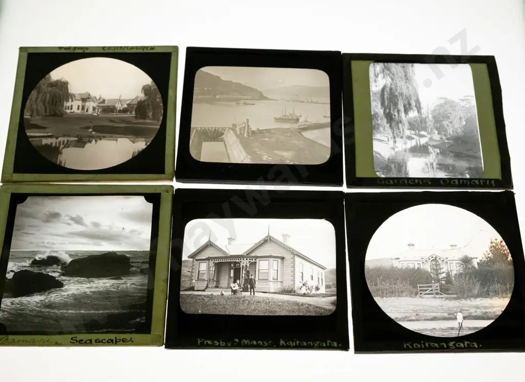 11 vintage glass lantern slides - Christchurch, Lyttleton, Akaroa, Oamaru, Kaitangata. Varying conditions, w/ Image 1++