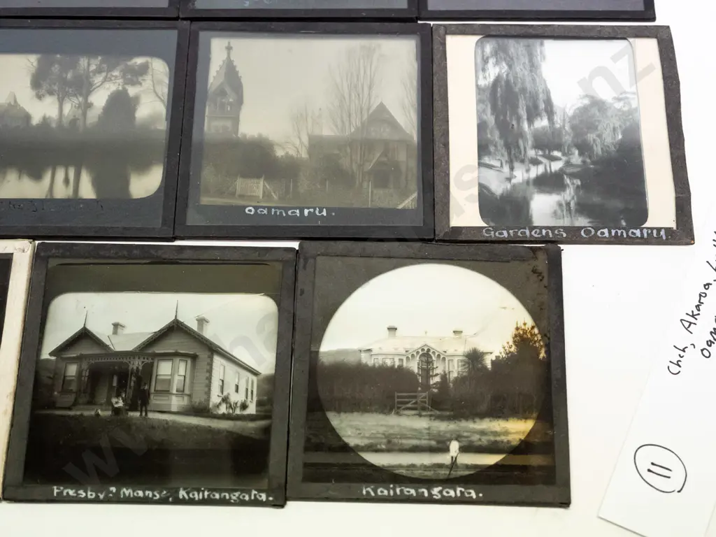 11 vintage glass lantern slides - Christchurch, Lyttleton, Akaroa, Oamaru, Kaitangata. Varying conditions, w/ Image 1++