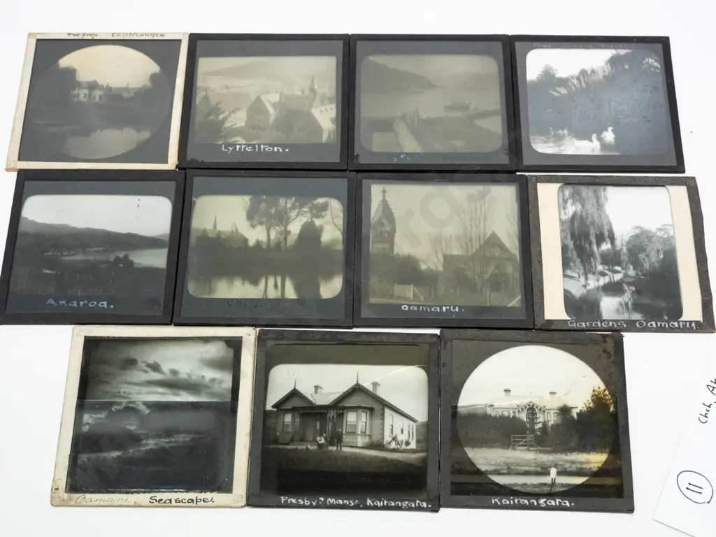 11 vintage glass lantern slides - Christchurch, Lyttleton, Akaroa, Oamaru, Kaitangata. Varying conditions, w/ Image 1++