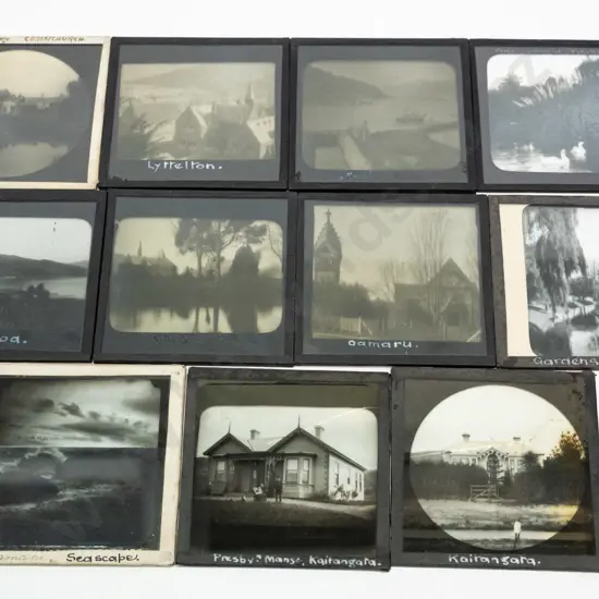 11 vintage glass lantern slides - Christchurch, Lyttleton, Akaroa, Oamaru, Kaitangata. Varying conditions, w/