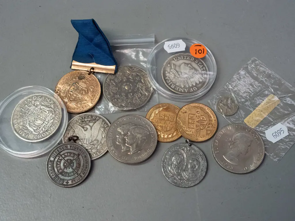 assorted vintage and/or reproduction coins - United States dollars, 1937 NZ Crown & 1956 thruppence, 1965 Churchill, Image 1++