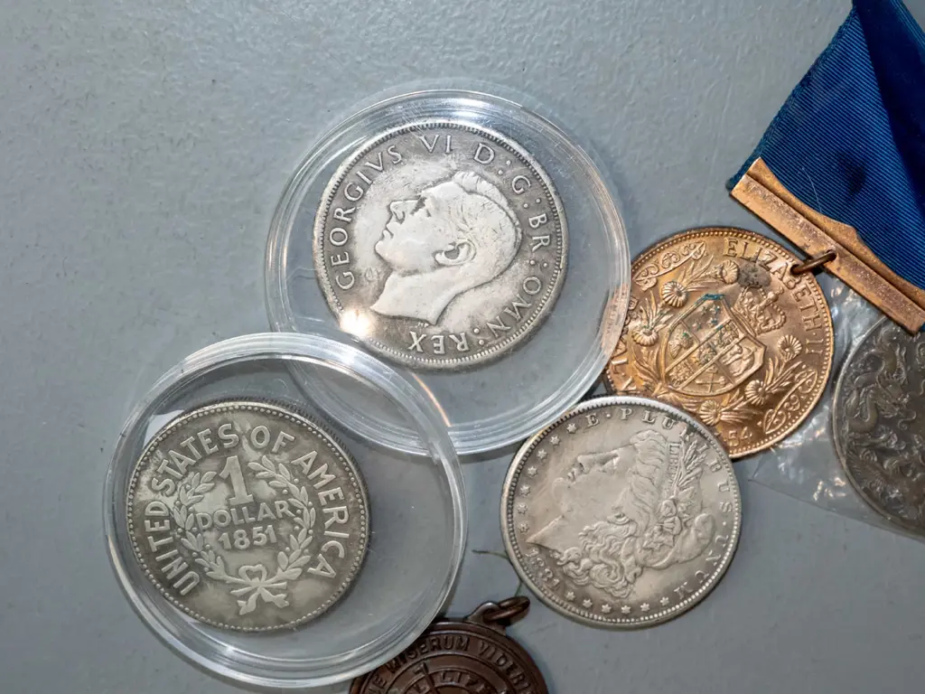 assorted vintage and/or reproduction coins - United States dollars, 1937 NZ Crown & 1956 thruppence, 1965 Churchill, Image 1++