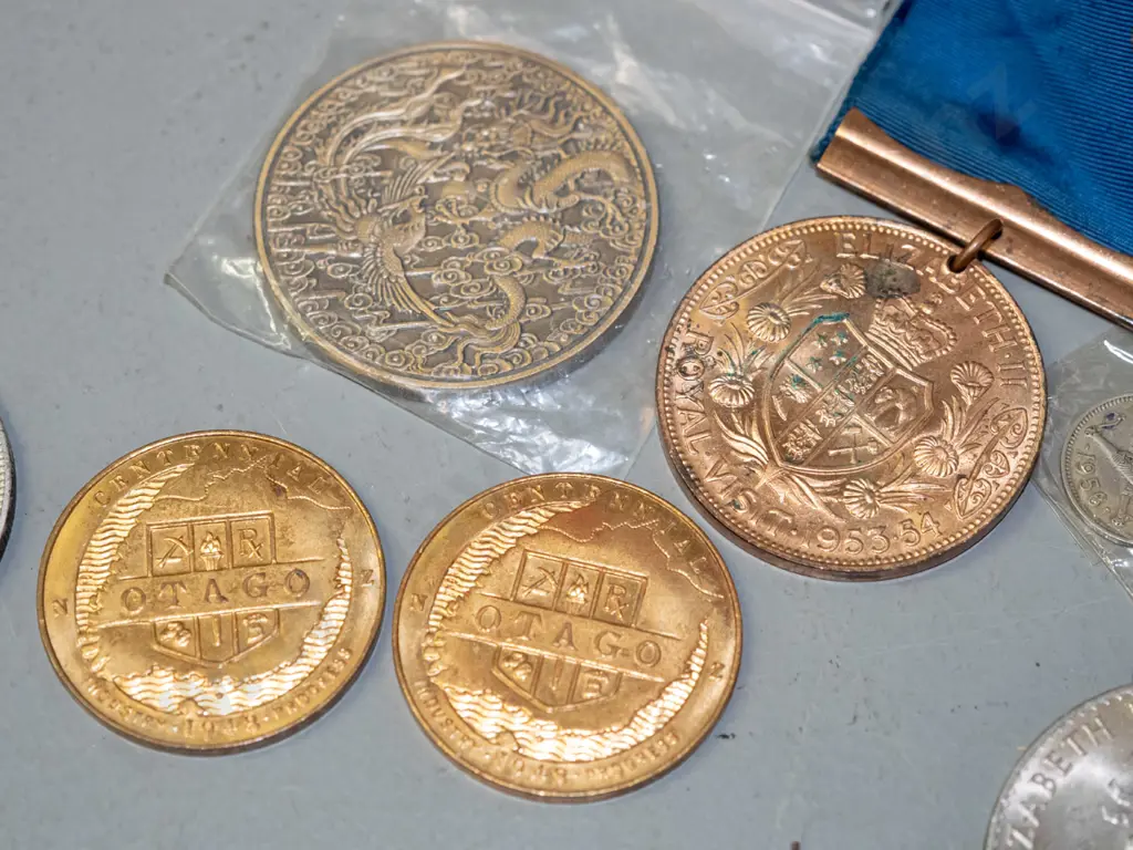 assorted vintage and/or reproduction coins - United States dollars, 1937 NZ Crown & 1956 thruppence, 1965 Churchill, Image 1++