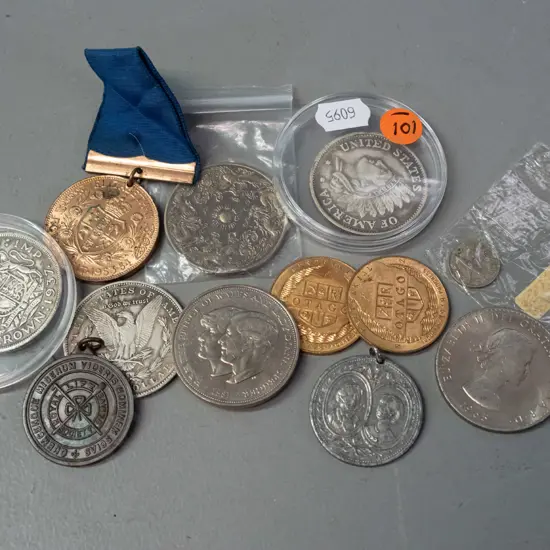 assorted vintage and/or reproduction coins - United States dollars, 1937 NZ Crown & 1956 thruppence, 1965 Churchill,