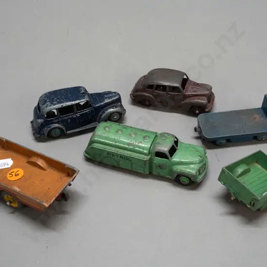 various vintage Meccano / Dinky Toys and other die-cast vehicles - Austin Devon, Austin taxi, 2 trailers, petrol tanker