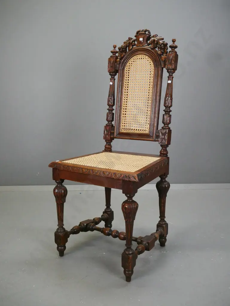 Victorian oak Jacobean style chair with shaped carved back, turned & fluted back supports and legs, on turned stretcher Image 1++
