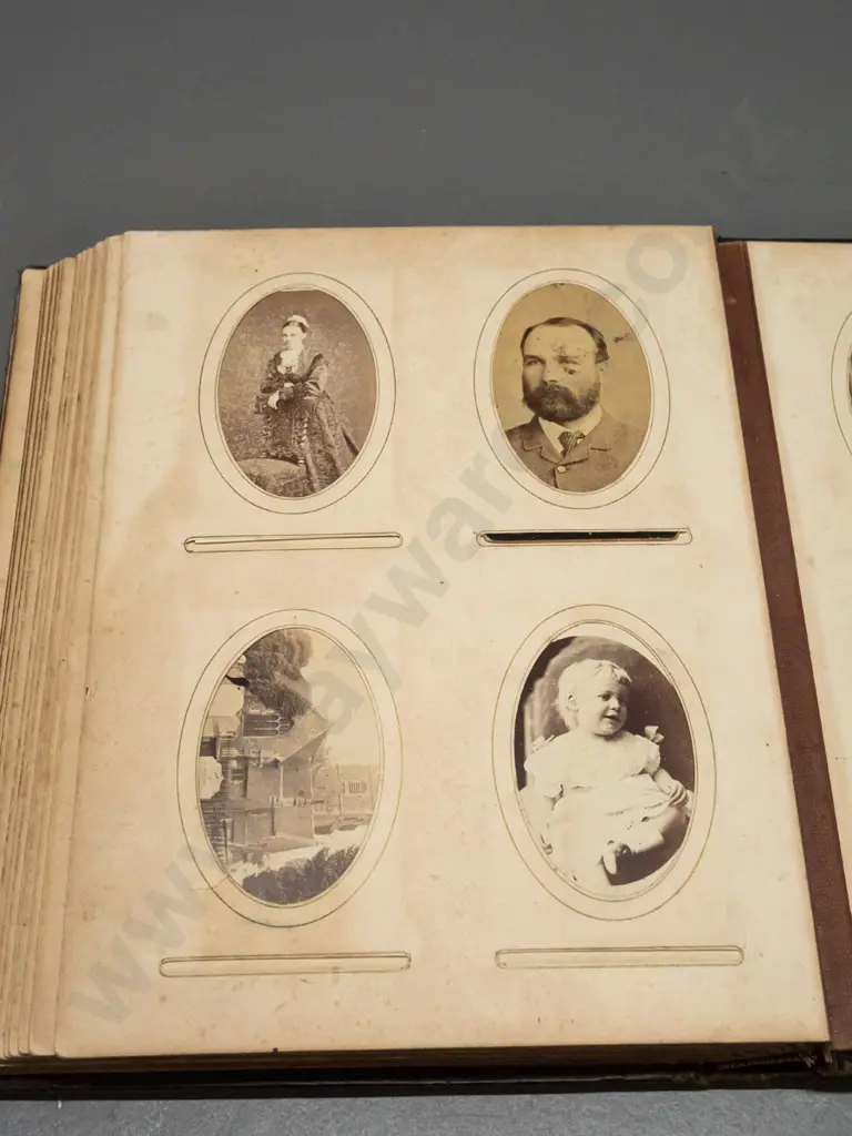 antique embossed leather photo album with brass fittings - contents appear to be English subjects and studios - some Image 1++