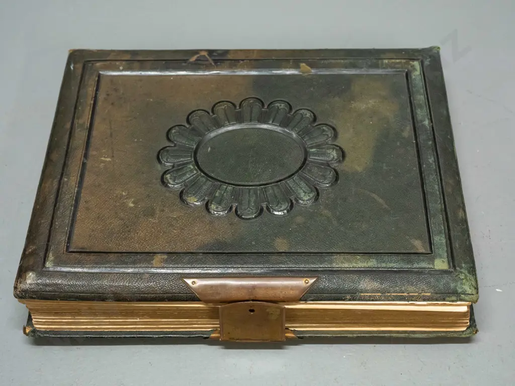 antique embossed leather photo album with brass fittings - contents appear to be English subjects and studios - some Image 1++