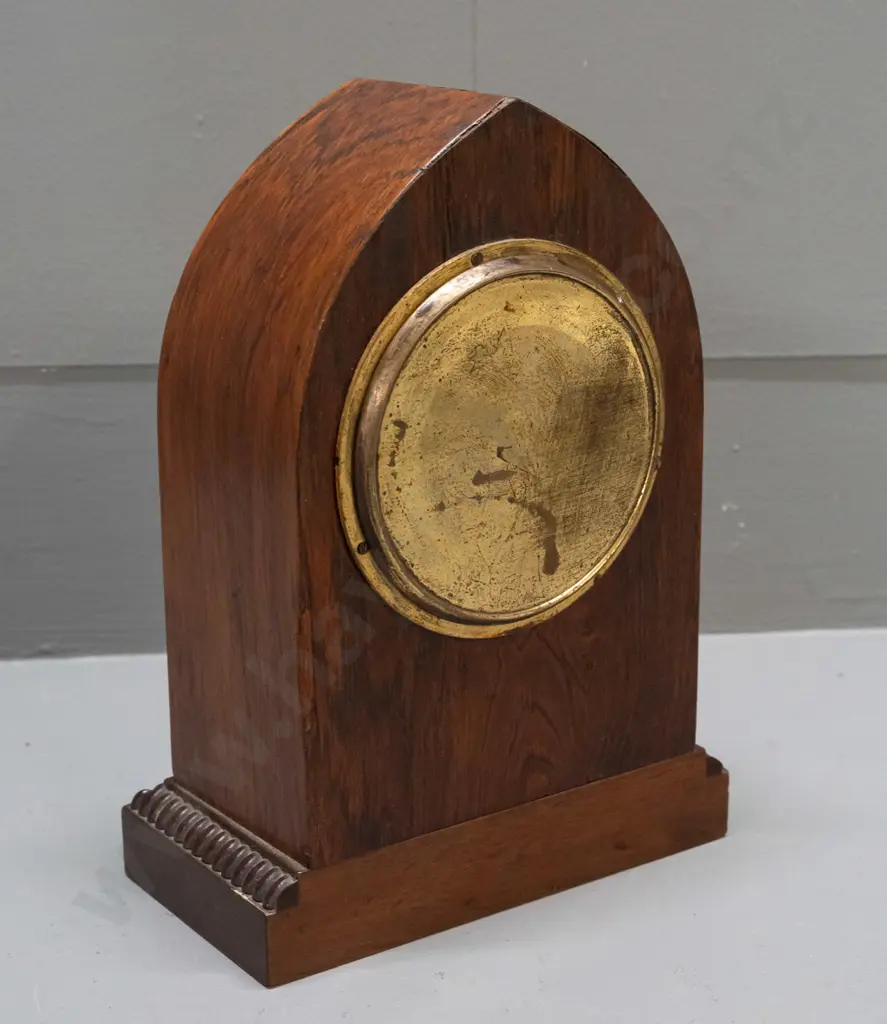 vintage mantel clock in arched rosewood case with boxwood and harewood stringing and inlays, porcelain face with pierced Image 1++