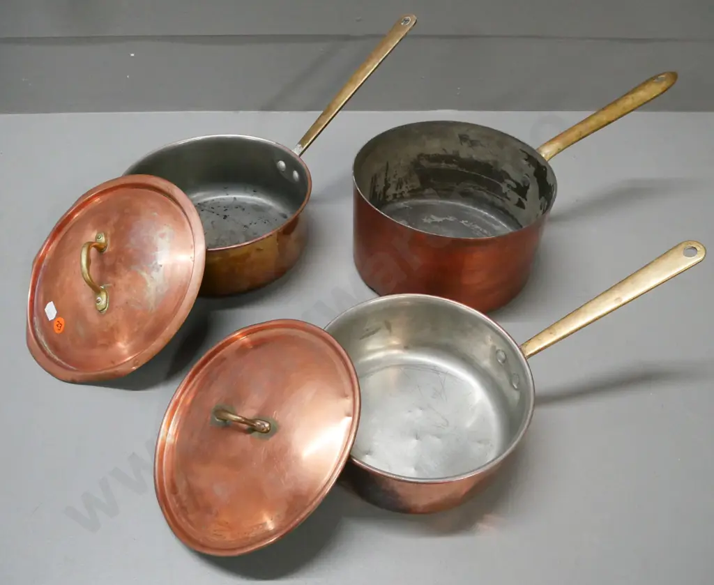 3x copper pots w/ white metal interior & brass handles, 2x English w/ lids, 1x Italian. Used condition: dings, scratches Image 1++