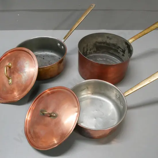 3x copper pots w/ white metal interior & brass handles, 2x English w/ lids, 1x Italian. Used condition: dings, scratches