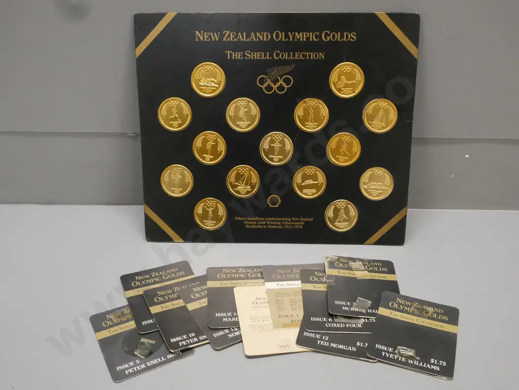 Card mounted "New Zealand Olympic Golds - The Shell Collection 1912-1976" w/ original backing cards. Creases to mounting Image 1++