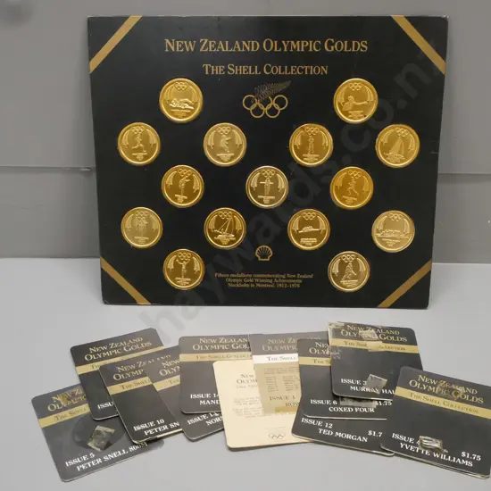 Card mounted "New Zealand Olympic Golds - The Shell Collection 1912-1976" w/ original backing cards. Creases to mounting