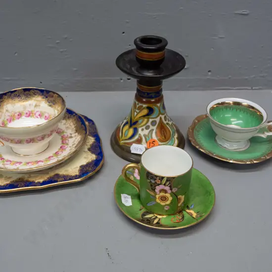 Carlton demi-tasse cup & saucer with gilt decoration, Bavarian demi-tasse, Hammersley trio and deco style Gouda