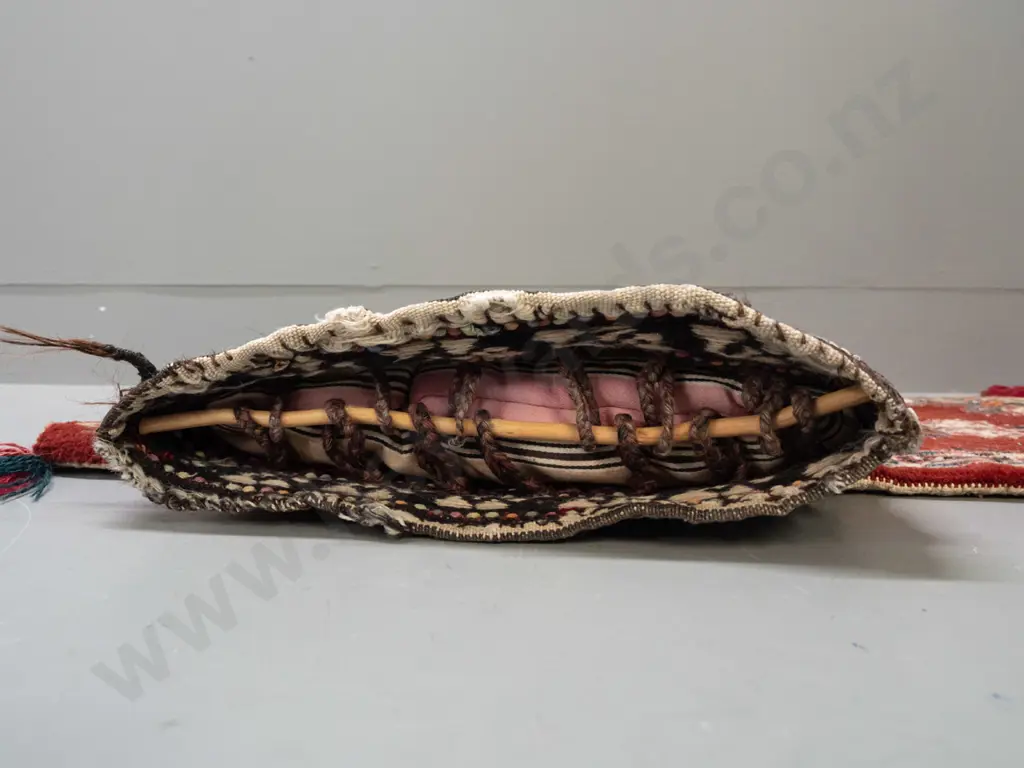 2 Turkish / tribal style hand-knotted wool  items - long bag with cords and a small bag with cushion inside - some Image 1++