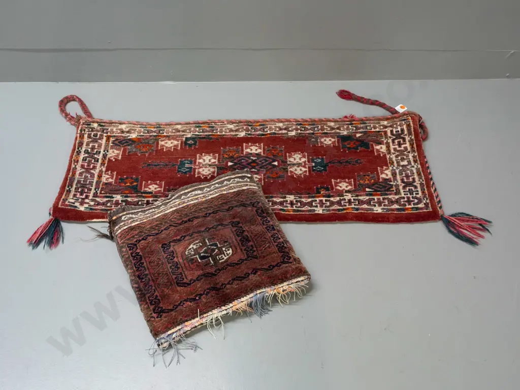 2 Turkish / tribal style hand-knotted wool  items - long bag with cords and a small bag with cushion inside - some Image 1++