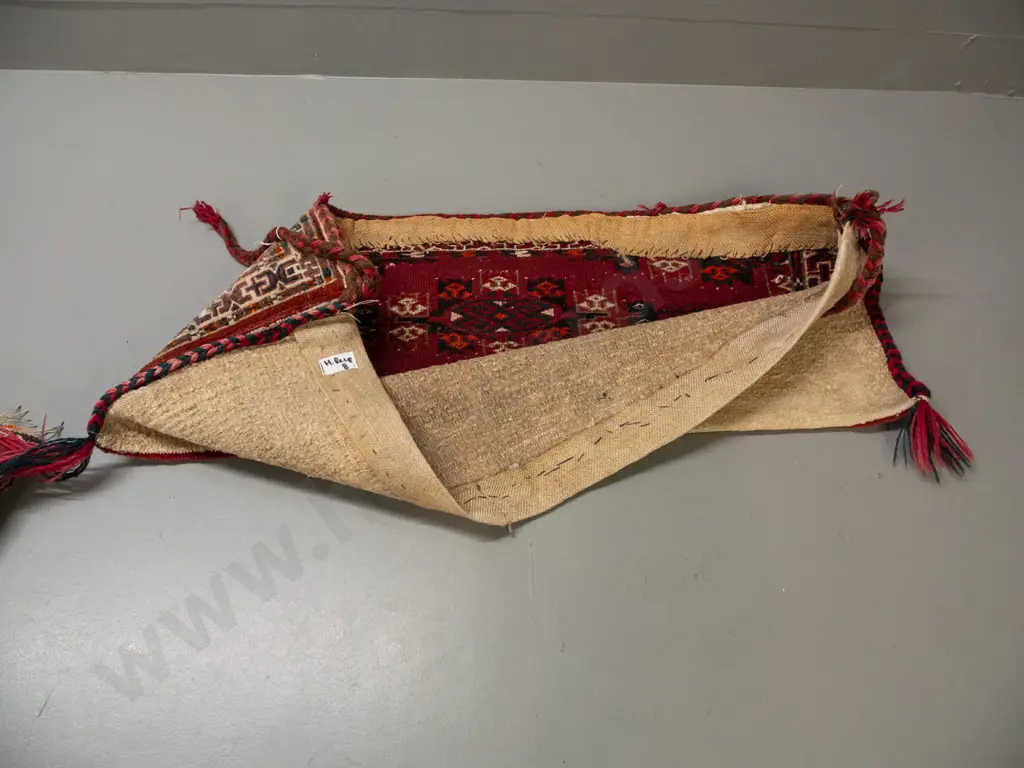 2 Turkish / tribal style hand-knotted wool  items - long bag with cords and a small bag with cushion inside - some Image 1++