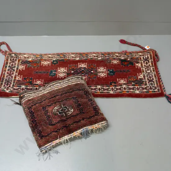 2 Turkish / tribal style hand-knotted wool  items - long bag with cords and a small bag with cushion inside - some
