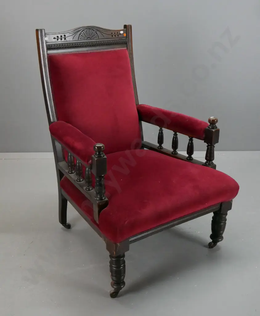 Edwardian beech open-arm armchair with shaped carved back, turned front legs and arm supports, porcelain casters - Image 1++