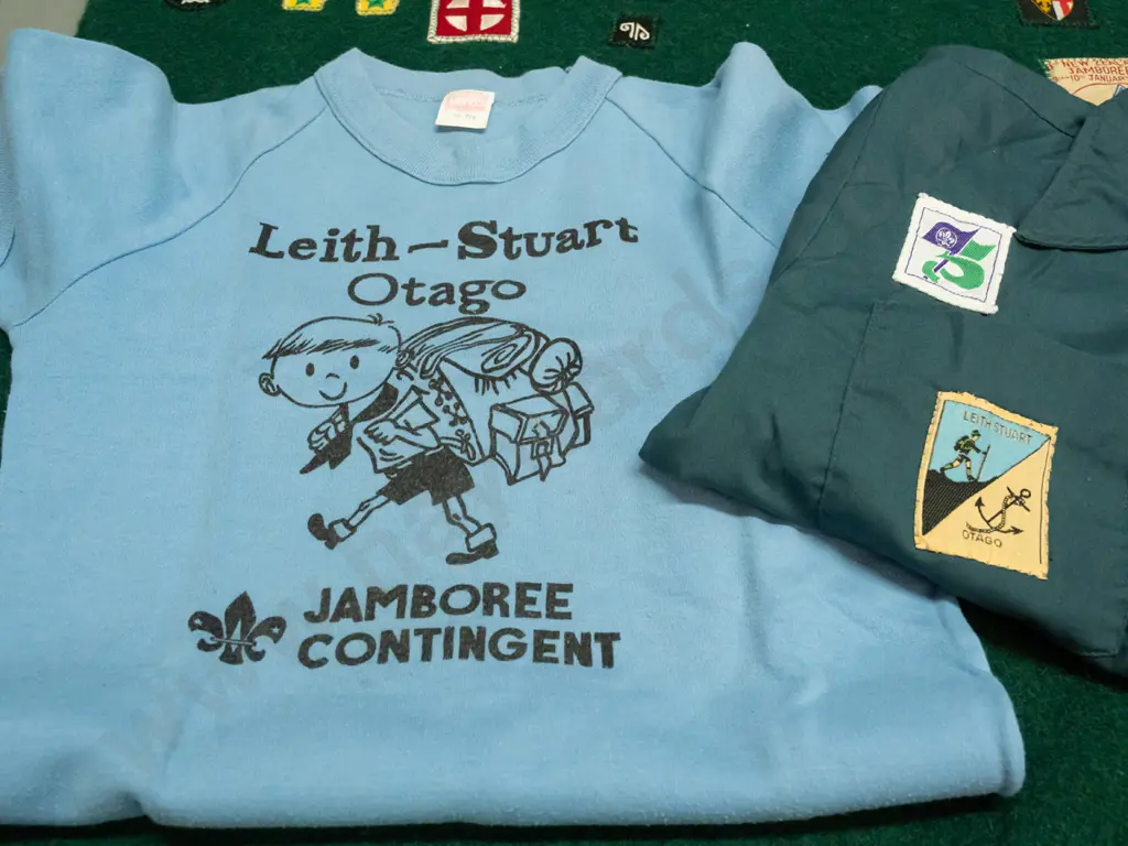 Scout memorabilia: 1981 Jamboree tablecloth, badge blanket, T-shirt & shirt with 4 badges 'Leith Stewart' Image 1++