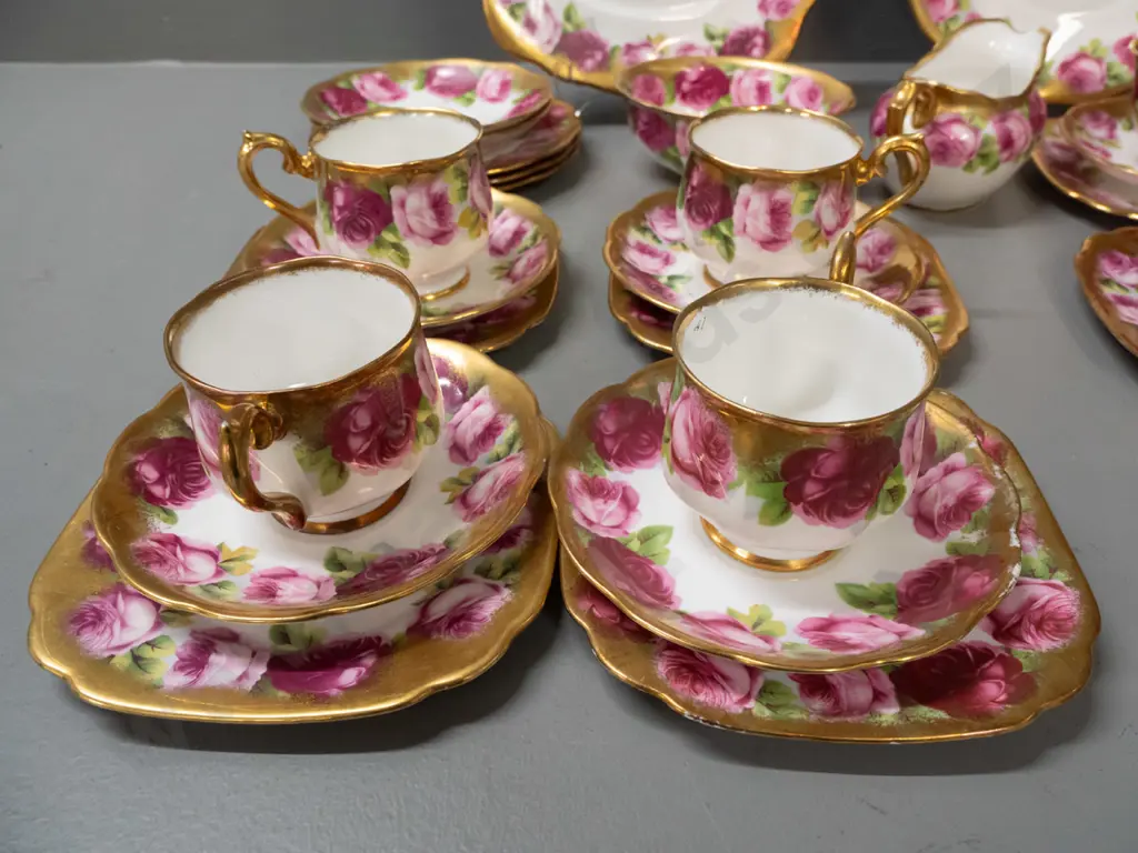 Royal Albert heavily gilded Old English Rose tea ware: 9 trios in 3 shapes, cream, sugar, 2 cake plates, 2 spare saucers Image 1++