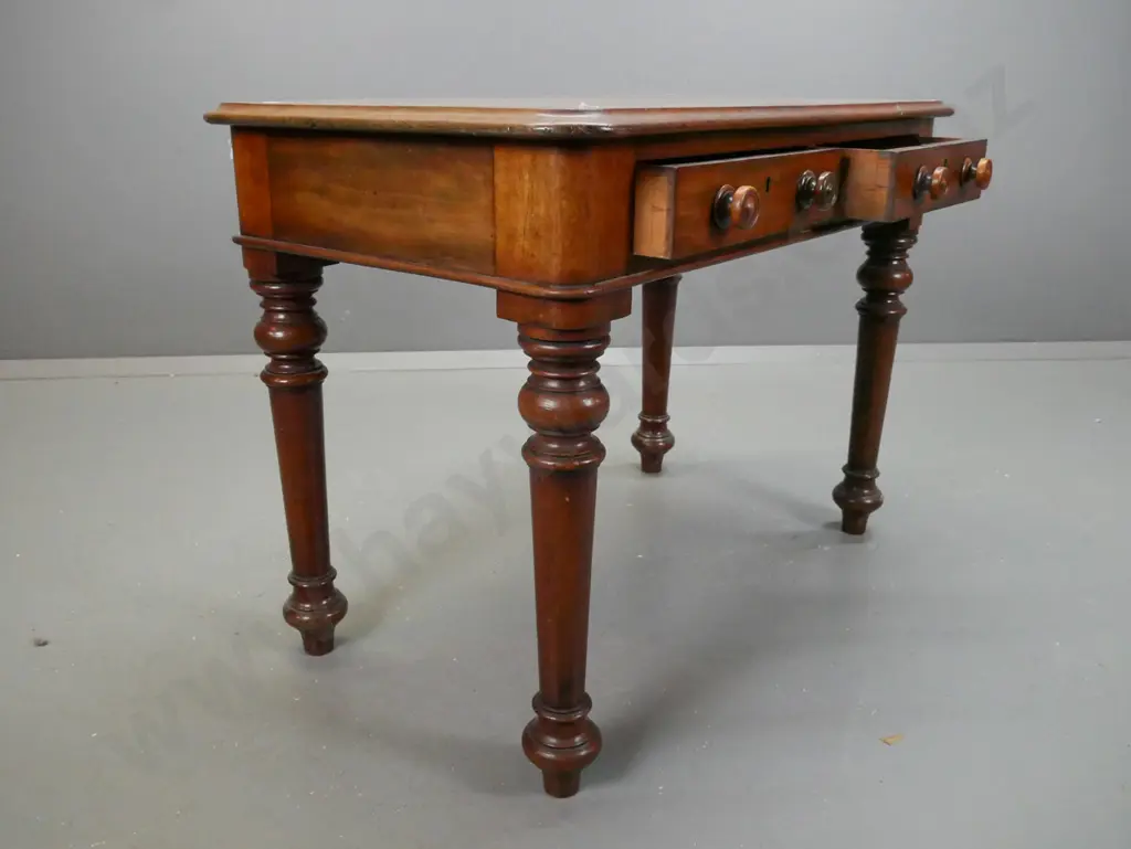 Victorian mahogany turned-leg side-table or desk: two drawers w/ turned wooden knobs, brass locks & escutcheons on Image 1++