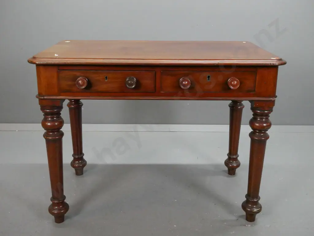 Victorian mahogany turned-leg side-table or desk: two drawers w/ turned wooden knobs, brass locks & escutcheons on Image 1++