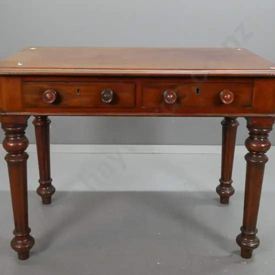 Victorian mahogany turned-leg side-table or desk: two drawers w/ turned wooden knobs, brass locks & escutcheons on