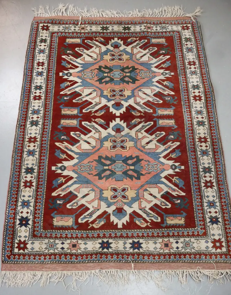 tribal style hand woven wool floor mat - geometric pattern, dark red, pink, blue and cream - some stains and fading, Image 1++