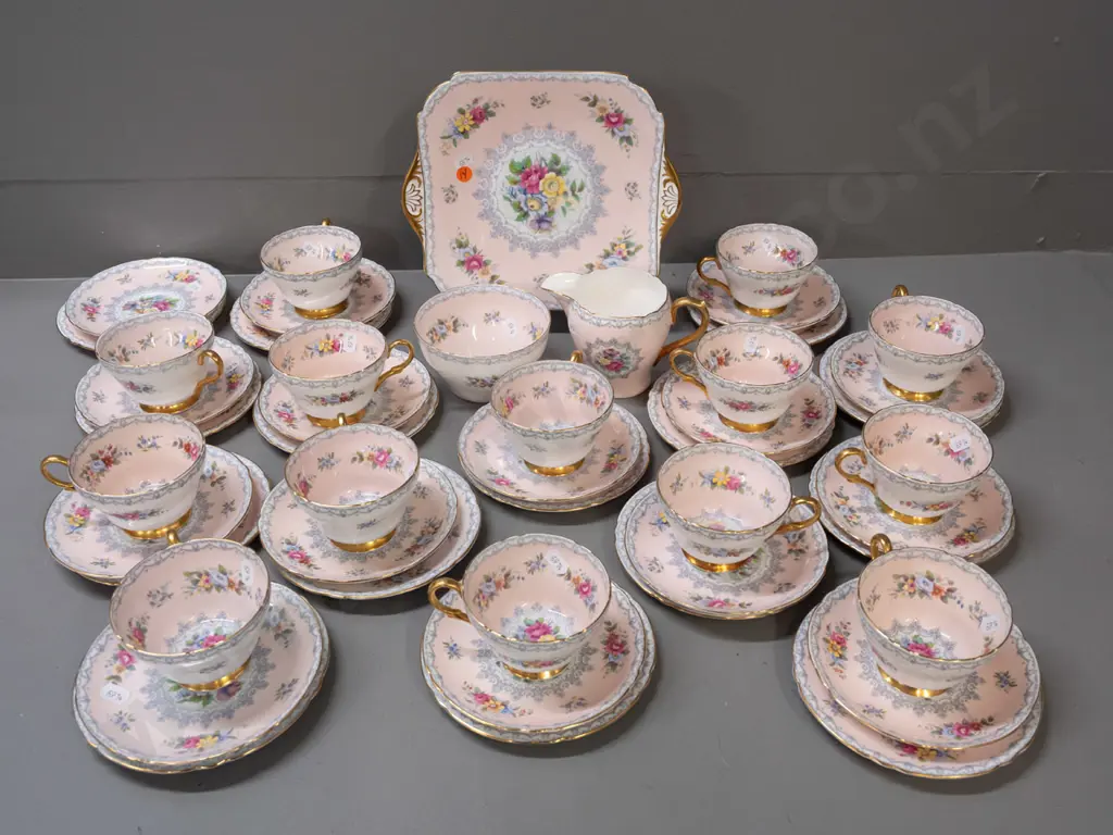 Large Shelley 'Crochet' pattern tea set: 14x trios square cake plate cream sugar, spare plate & saucer. Cake plate W-240 Image 1++