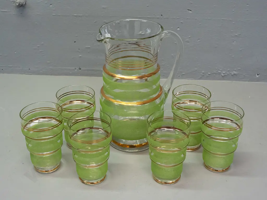 retro water set - clear glass with green frosted and gilt bands of decoration - jug H-220 Image 1++