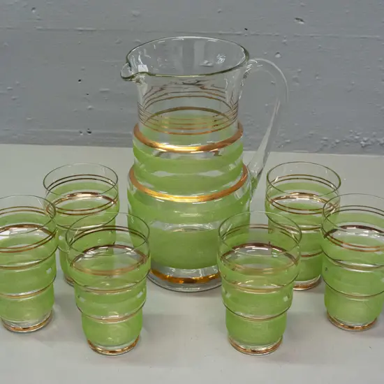 retro water set - clear glass with green frosted and gilt bands of decoration - jug H-220