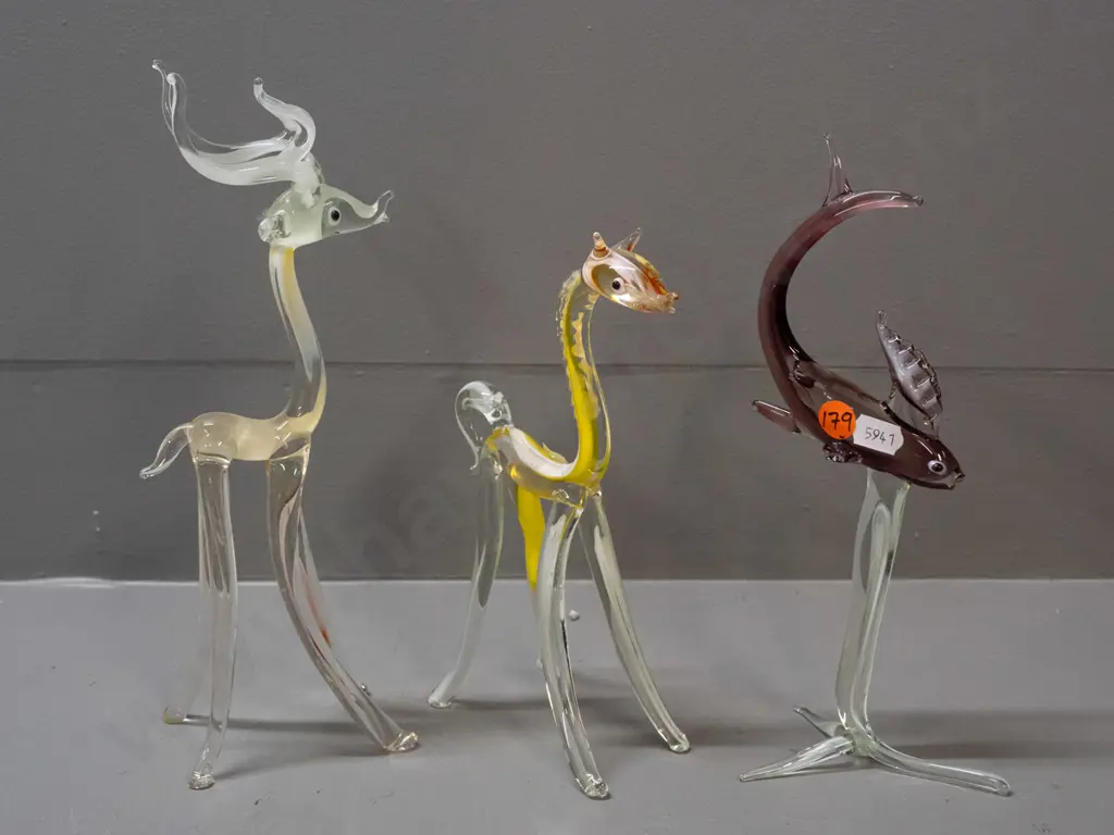 3 Murano-style glass animals - multi coloured swirl on long legs / stands - tallest is H-250 Image 1++