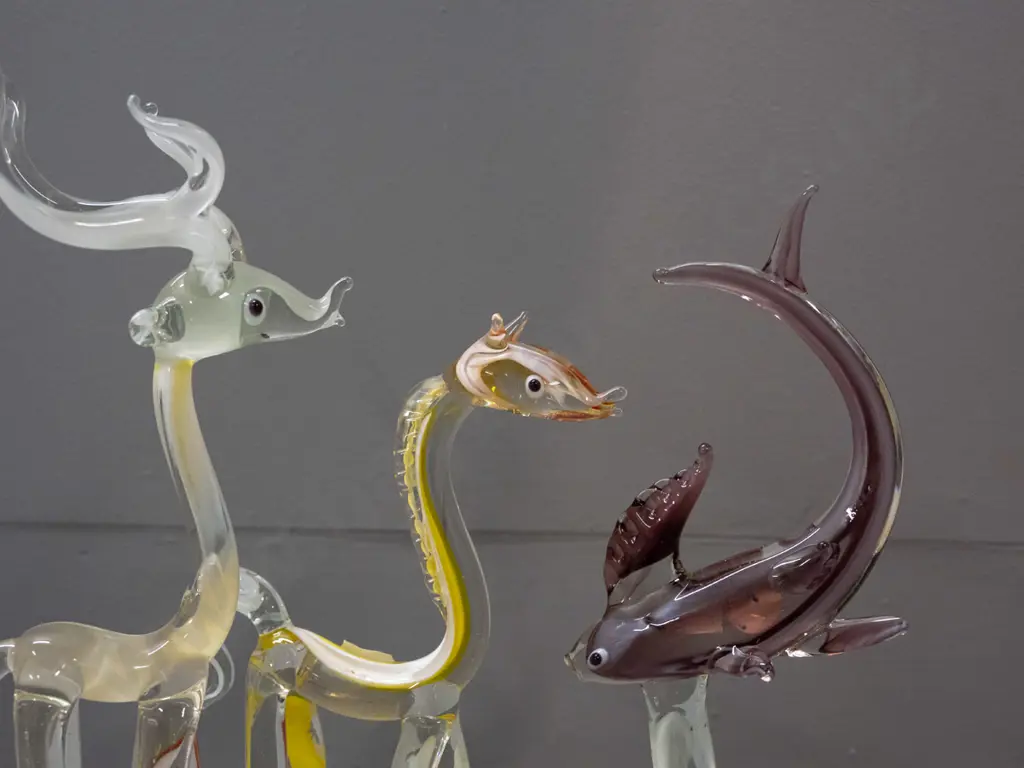 3 Murano-style glass animals - multi coloured swirl on long legs / stands - tallest is H-250 Image 1++