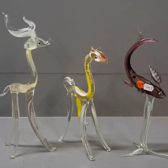 3 Murano-style glass animals - multi coloured swirl on long legs / stands - tallest is H-250