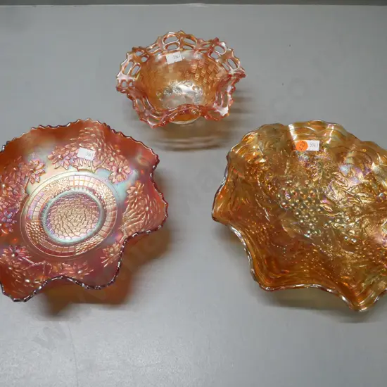 3x frilled edge carnival glass bowls. Small bowl has clear base & pierced edge & manufacturing flaw to base. Largest