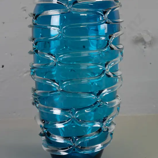 art glass teal blue vase with overlaid clear lattice H-300