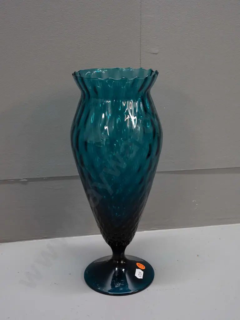 retro art glass footed vase with textured surface, frilled top H-285 D-100 at top rim Image 1++