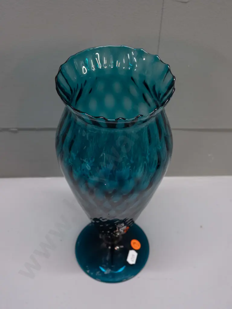 retro art glass footed vase with textured surface, frilled top H-285 D-100 at top rim Image 1++