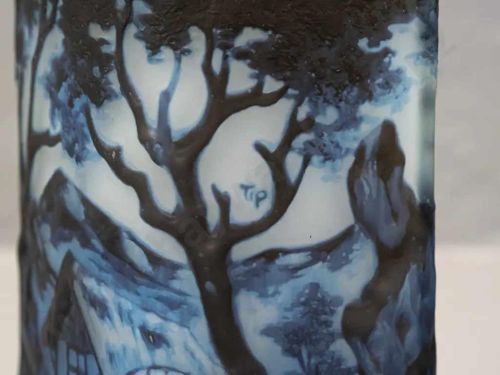 overlaid cameo glass vase - cottage in mountain stream landscape, marked Galle and "TIP" - some scratching on top and Image 1++