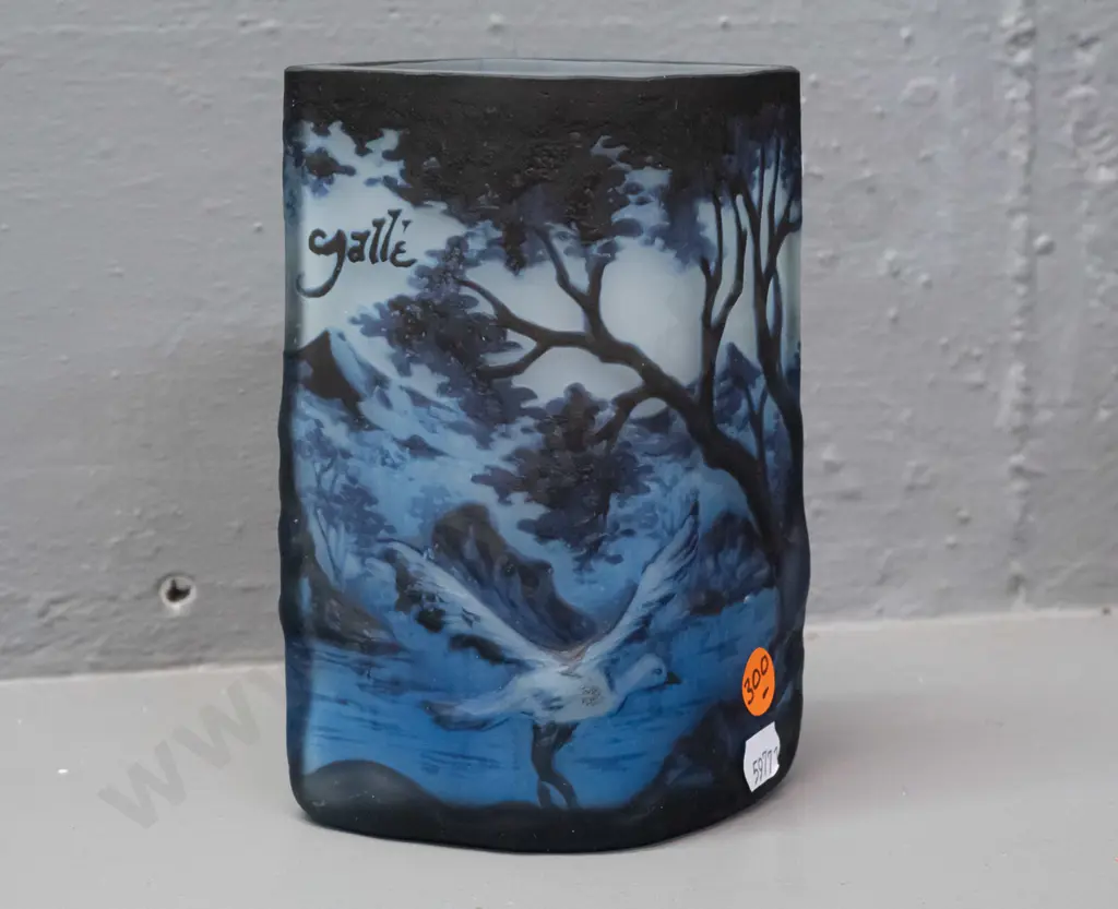overlaid cameo glass vase - cottage in mountain stream landscape, marked Galle and "TIP" - some scratching on top and Image 1++