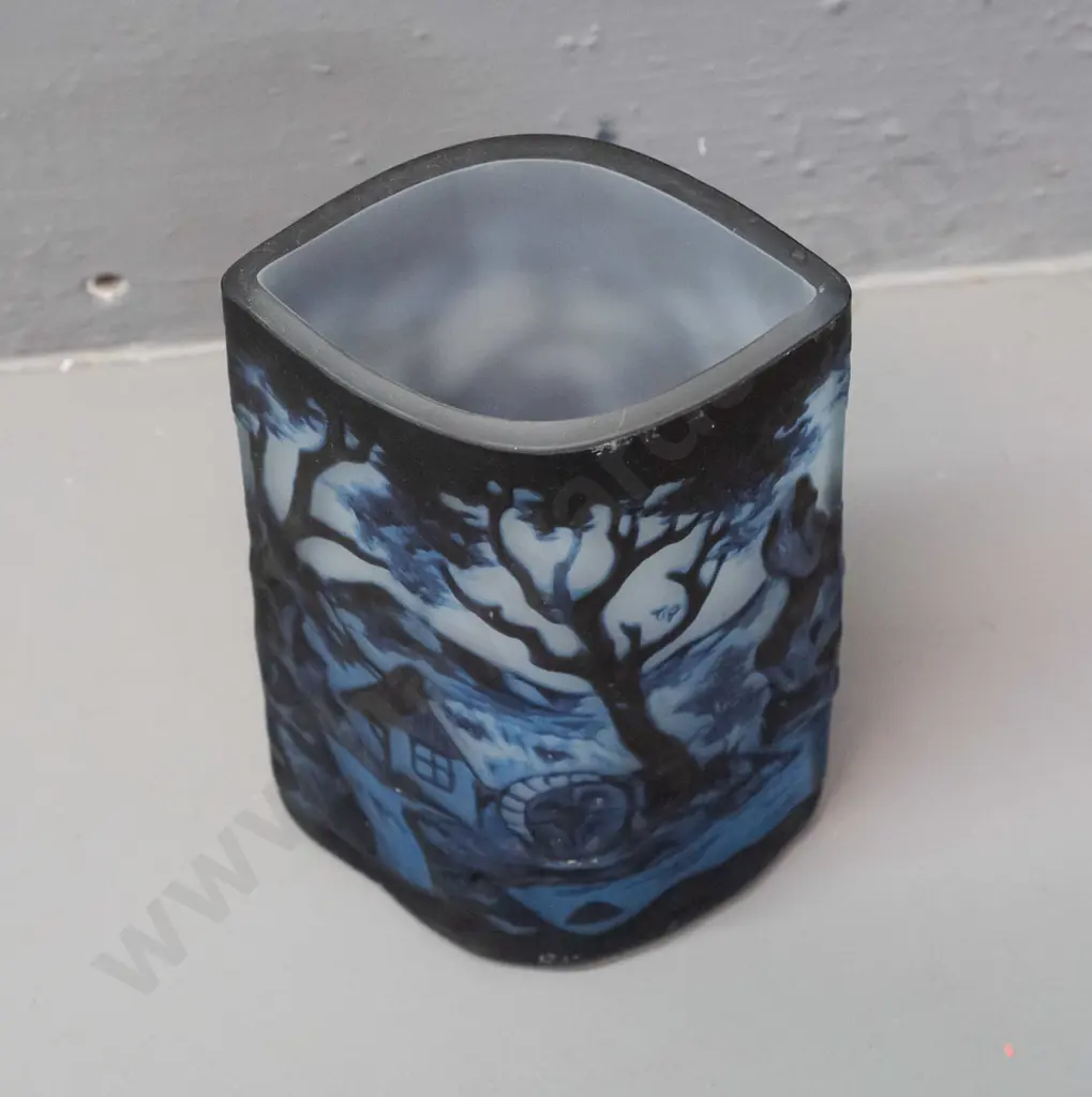 overlaid cameo glass vase - cottage in mountain stream landscape, marked Galle and "TIP" - some scratching on top and Image 1++