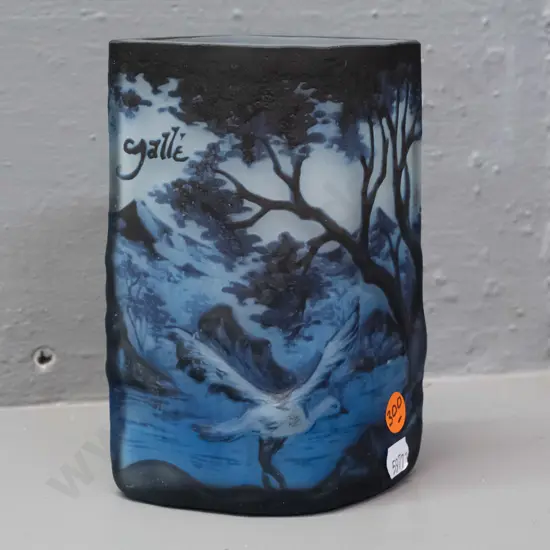 overlaid cameo glass vase - cottage in mountain stream landscape, marked Galle and "TIP" - some scratching on top and