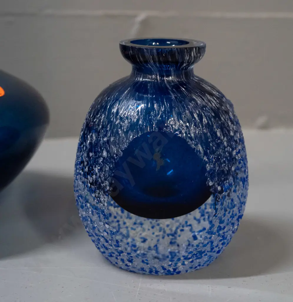3 blue art glass items - small textured vase with one polished face, 2 bottle vases, one with lobed clear base H-240, Image 1++